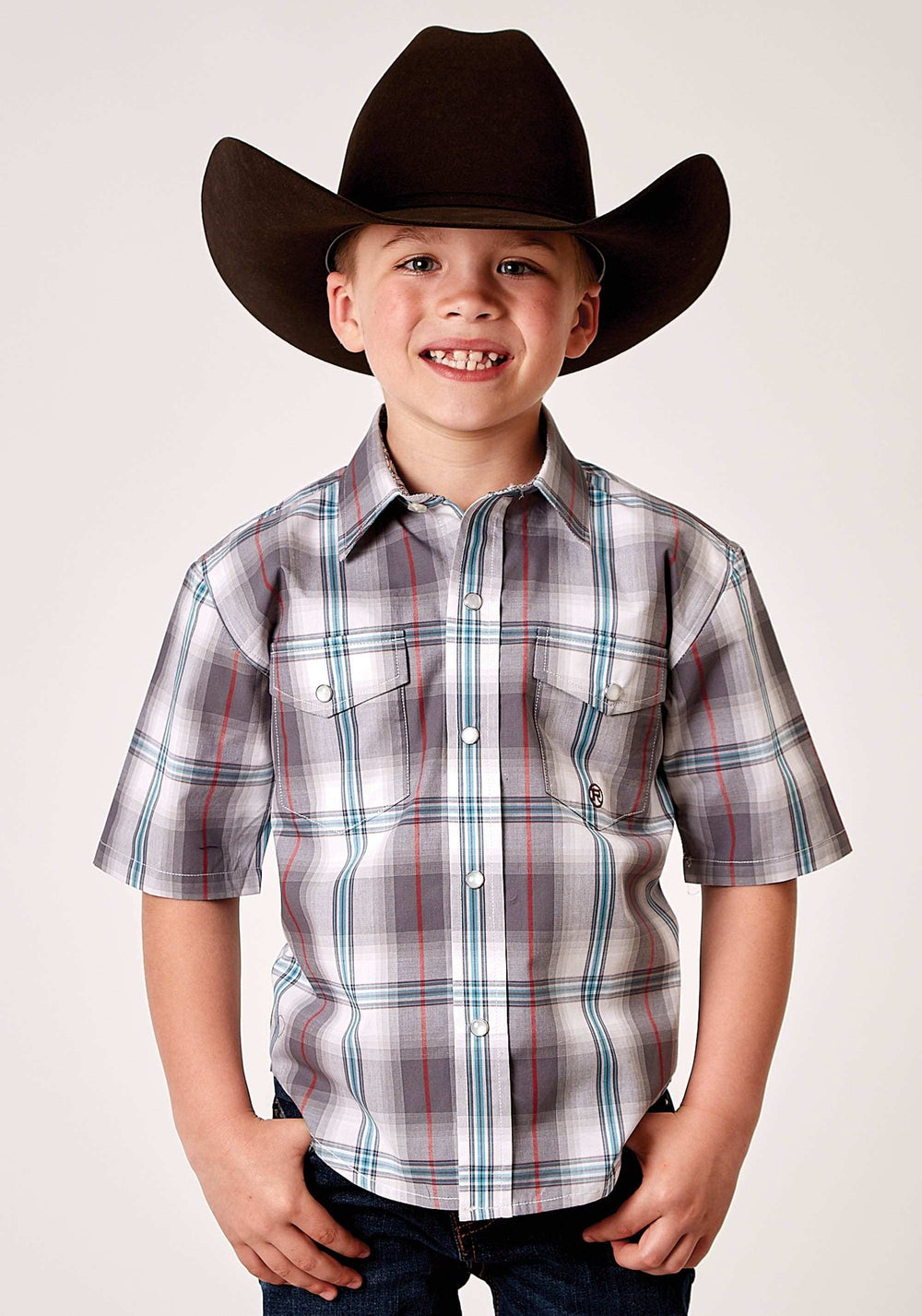 Roper Boys Short Sleeve Snap Gray Cloud Plaid Western Shirt - Roper - Flyclothing LLC