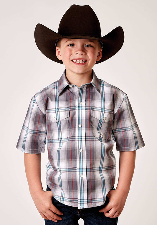 Roper Boys Short Sleeve Snap Gray Cloud Plaid Western Shirt - Roper - Flyclothing LLC
