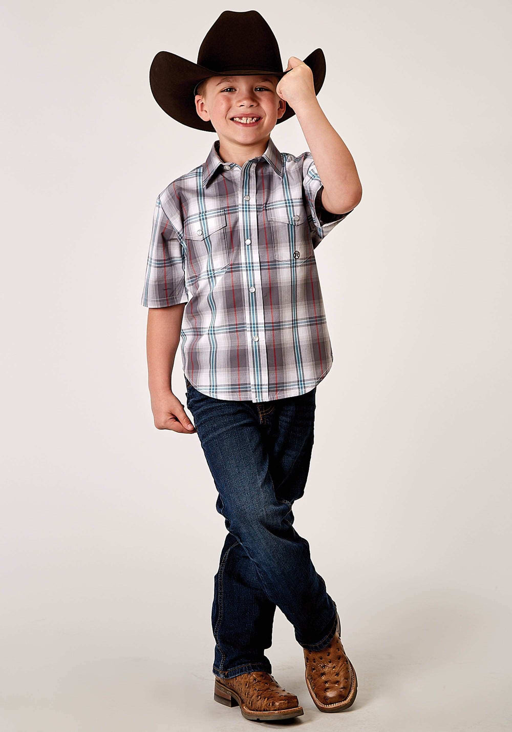 Roper Boys Short Sleeve Snap Gray Cloud Plaid Western Shirt - Roper - Flyclothing LLC