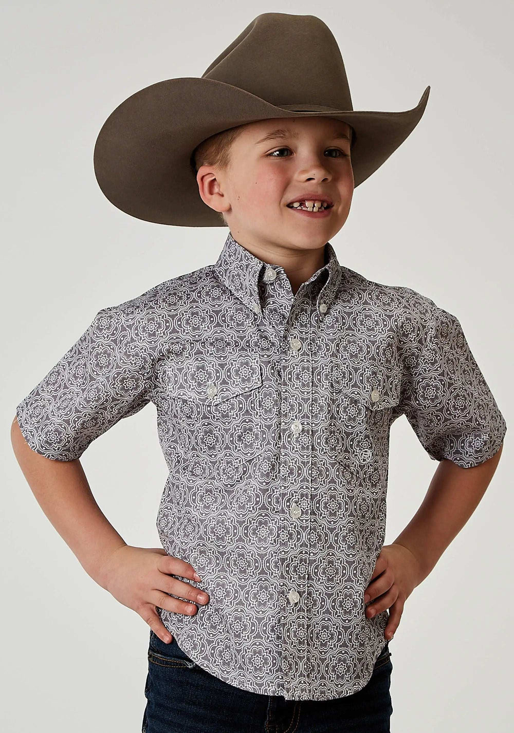 Roper Boys Short Sleeve Button Silver Medallion Western Shirt - Roper - Flyclothing LLC