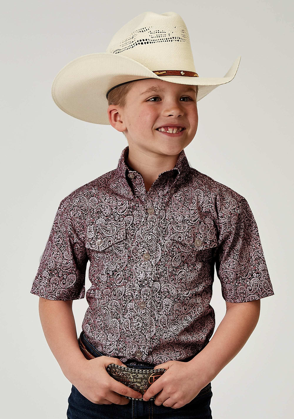 Roper Boys Short Sleeve Button Stretch Poplin Red Paisley Western Shirt - Roper - Flyclothing LLC