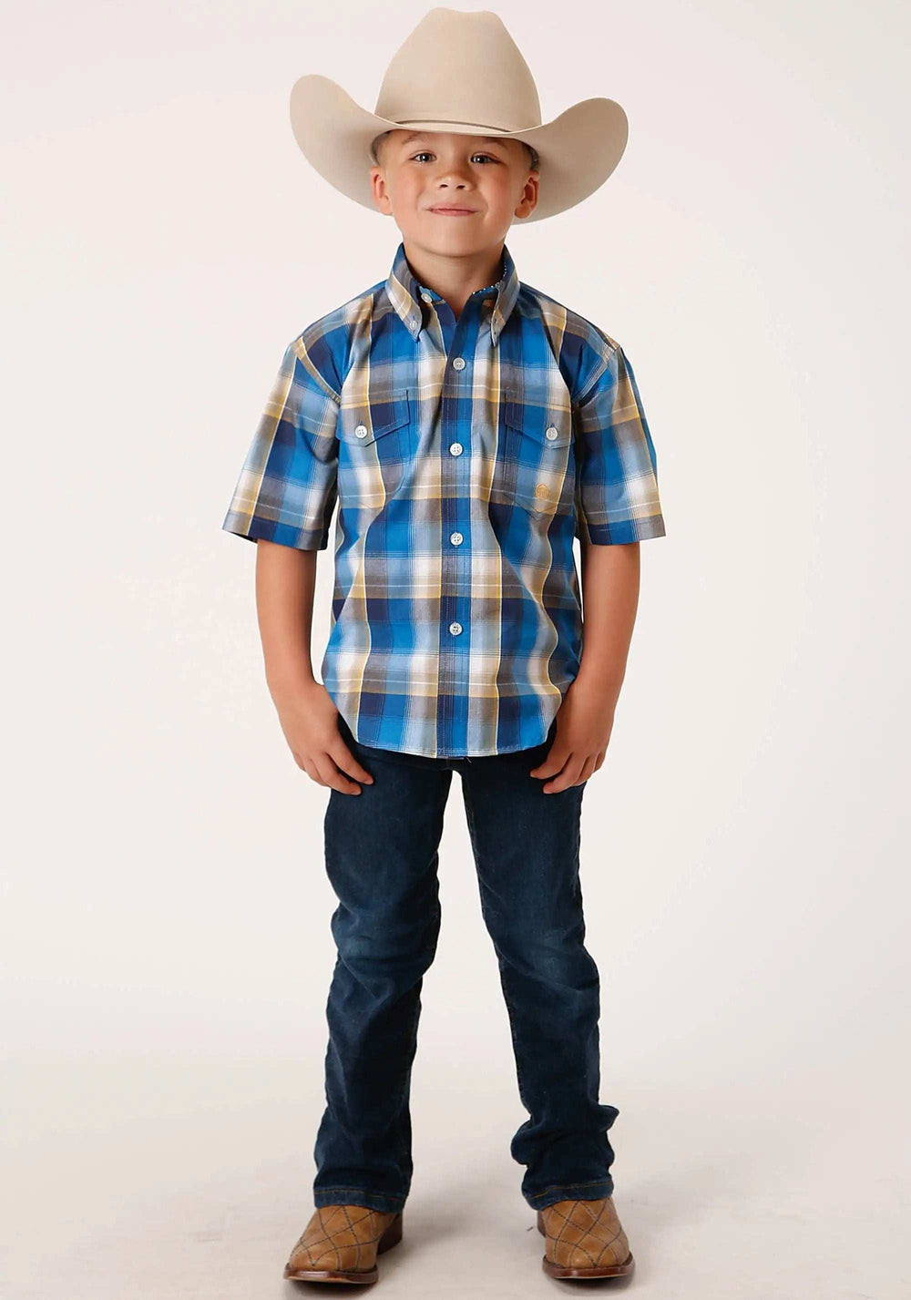 Roper Boys Short Sleeve Button Clear Sky Plaid Western Shirt - Roper - Flyclothing LLC