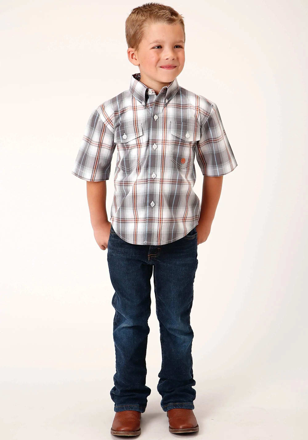 Roper Boys Short Sleeve Button Smokey Plaid Western Shirt - Roper - Flyclothing LLC