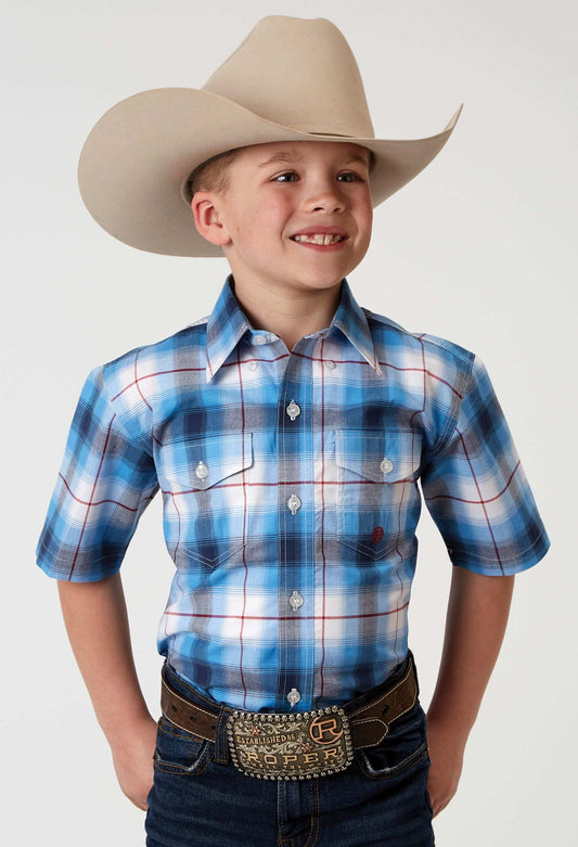 Roper Boys Short Sleeve Button Stretch Poplin Blue Plaid Western Shirt - Roper - Flyclothing LLC