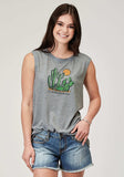 Roper Womens Sleeveless Light Grey Poly Rayon T Shirt With Screen Print Decoration - Roper - Flyclothing LLC