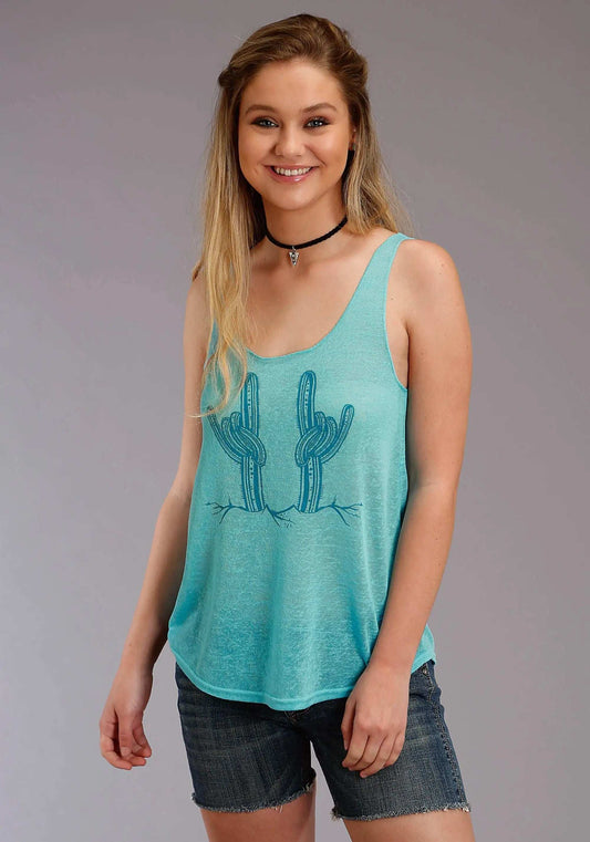Roper Womens Turquoise Cactus Print Sleeveless Knit Top - Roper - Flyclothing LLC