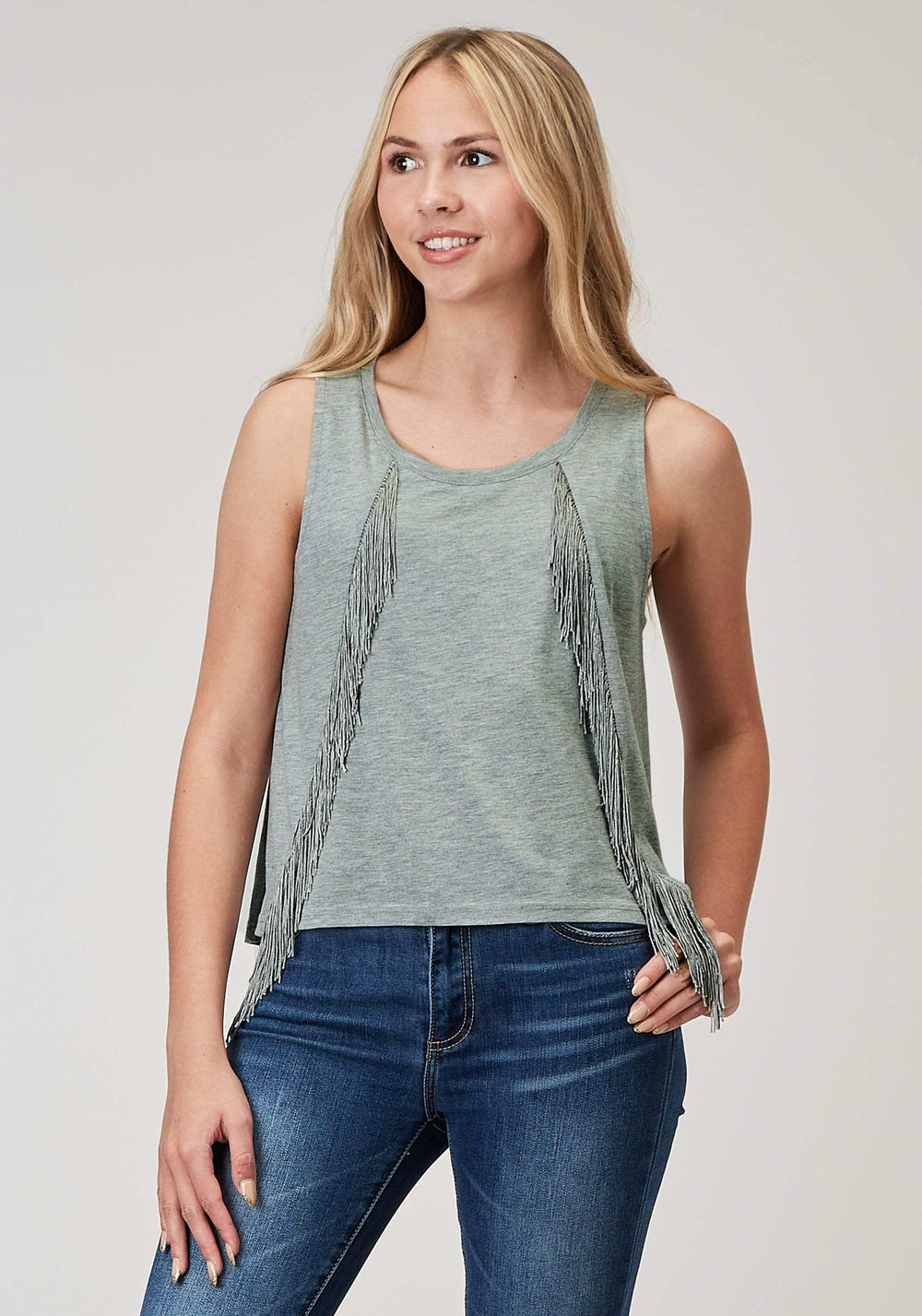 Roper Womens Sleeveless Light Grey Poly Rayon Scoop Neck Tank Top With Self Fringe Hi Low Swing Hemline - Roper - Flyclothing LLC