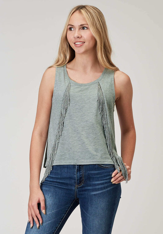 Roper Womens Sleeveless Light Grey Poly Rayon Scoop Neck Tank Top With Self Fringe Hi Low Swing Hemline - Roper - Flyclothing LLC