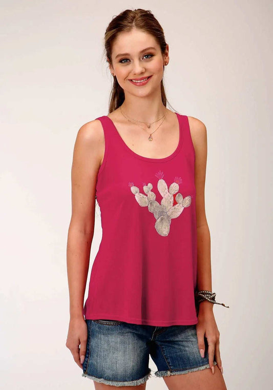Roper Womens Pink With Cactus Screen Print Sleeveless Knit Top - Roper - Flyclothing LLC
