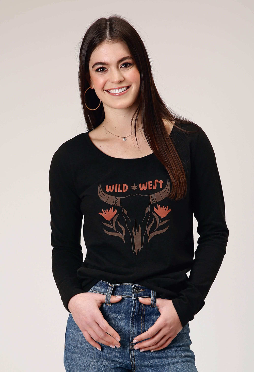 Roper Womens Long Sleeve Jet Black Cotton Slub Scoop Neck Tee With Screen Print Decoration - Roper - Flyclothing LLC