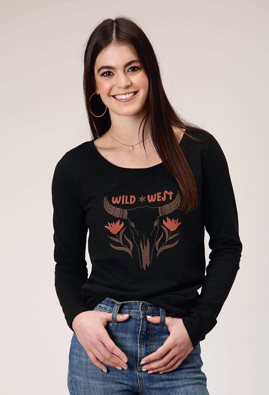 Roper Womens Long Sleeve Jet Black Cotton Slub Scoop Neck Tee With Screen Print Decoration - Roper - Flyclothing LLC