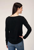 Roper Womens Long Sleeve Jet Black Cotton Slub Scoop Neck Tee With Screen Print Decoration - Roper - Flyclothing LLC