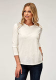 Roper Womens Long Sleeve Cotton Slub Jersey Top With Scoop Neck Three Quarter Sleeves And Front Yokes Embroidery - Roper - Flyclothing LLC