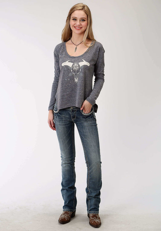 Roper Womens Blue Solid With Screen Print Long Sleeve Knit Top - Roper - Flyclothing LLC