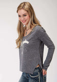 Roper Womens Blue Solid With Screen Print Long Sleeve Knit Top - Roper - Flyclothing LLC