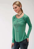 Roper Womens Green With Screen Print Cactus Long Sleeve Knit Top - Roper - Flyclothing LLC