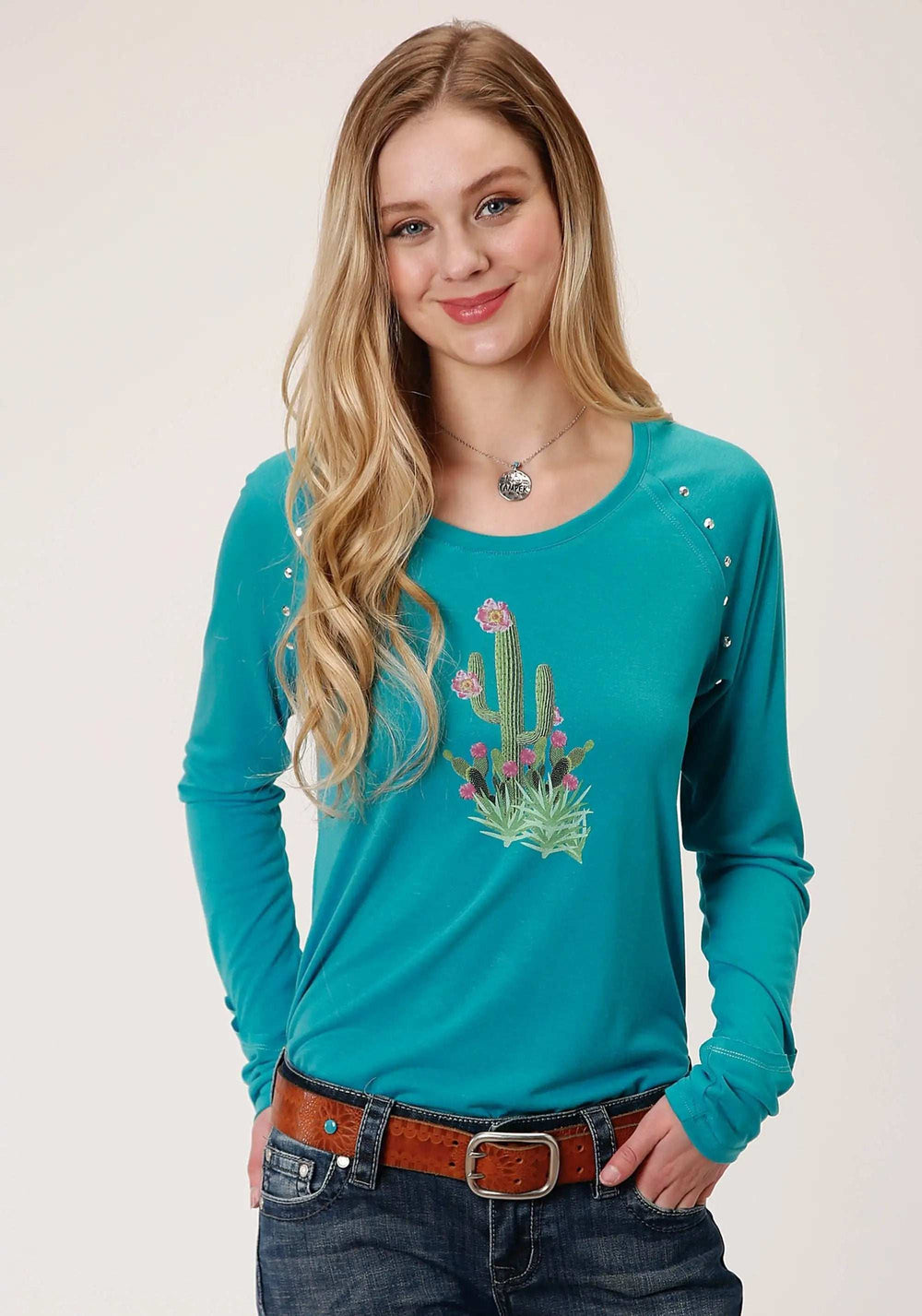 Roper Womens Turquoise With Cactus Screen Print Long Sleeve Knit Top - Roper - Flyclothing LLC