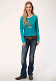 Roper Womens Turquoise With Cactus Screen Print Long Sleeve Knit Top - Roper - Flyclothing LLC