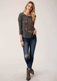 Roper Womens Heather Gray With Floral Embroidery Long Sleeve Knit Top - Roper - Flyclothing LLC