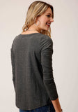 Roper Womens Heather Gray With Floral Embroidery Long Sleeve Knit Top - Roper - Flyclothing LLC