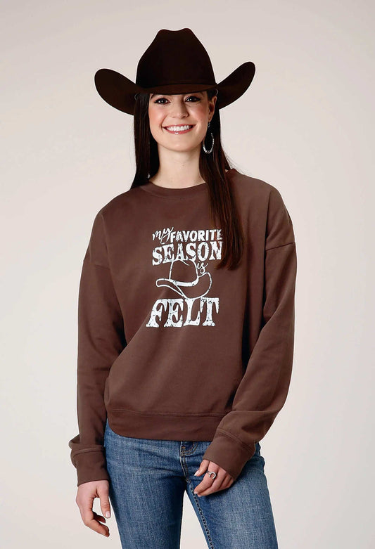 Roper Womens Long Sleeve Dark Brown Cotton Fleece Top With Crew Neck Screen Print Decoration - Roper - Flyclothing LLC