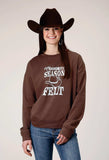 Roper Womens Long Sleeve Dark Brown Cotton Fleece Top With Crew Neck Screen Print Decoration - Roper - Flyclothing LLC