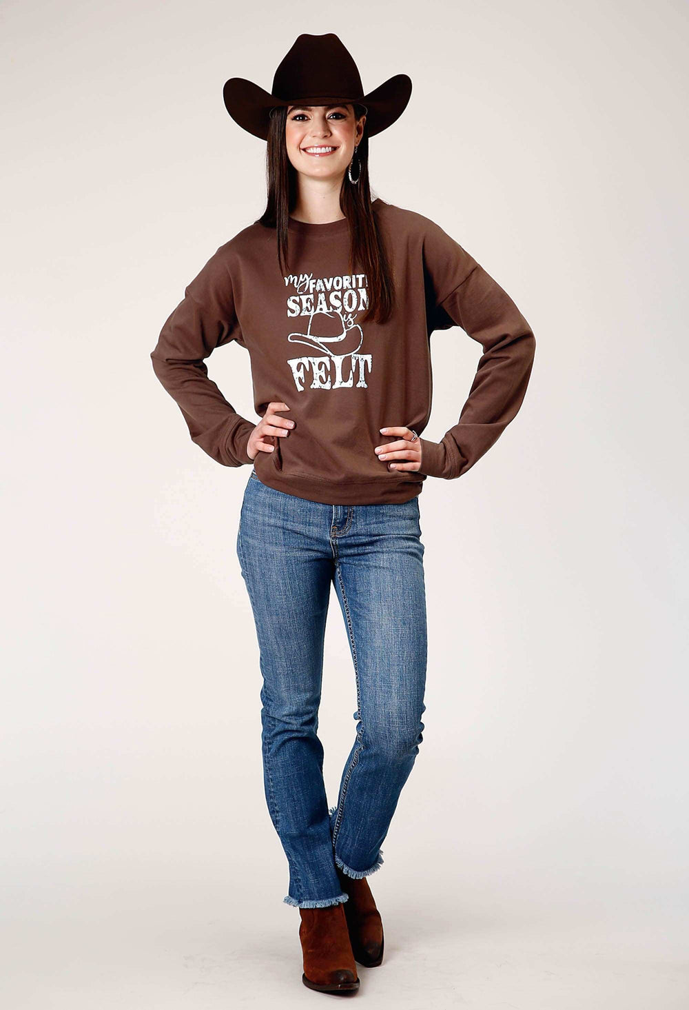 Roper Womens Long Sleeve Dark Brown Cotton Fleece Top With Crew Neck Screen Print Decoration - Roper - Flyclothing LLC
