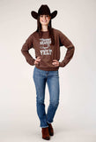 Roper Womens Long Sleeve Dark Brown Cotton Fleece Top With Crew Neck Screen Print Decoration - Roper - Flyclothing LLC