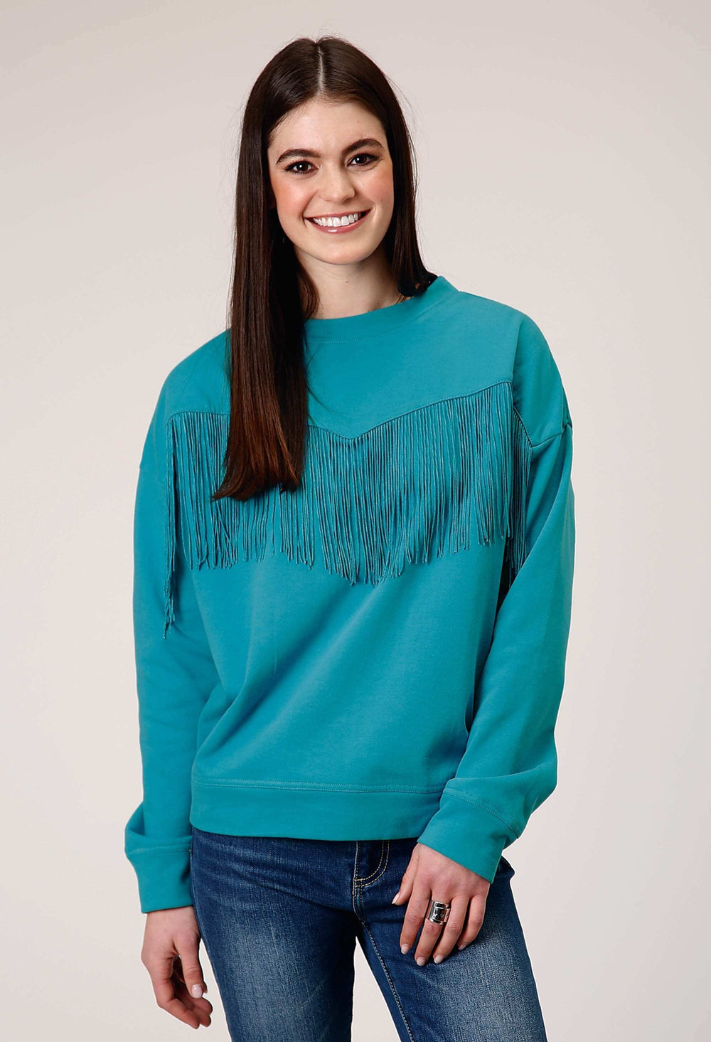 Roper Womens Long Sleeve Cotton Fleece Crew Neck Top With Matching Poly Fringe Center Front - Roper - Flyclothing LLC