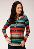 Roper Womens Turquoise Orange And Black Stripe Long Sleeve Knit Top - Roper - Flyclothing LLC