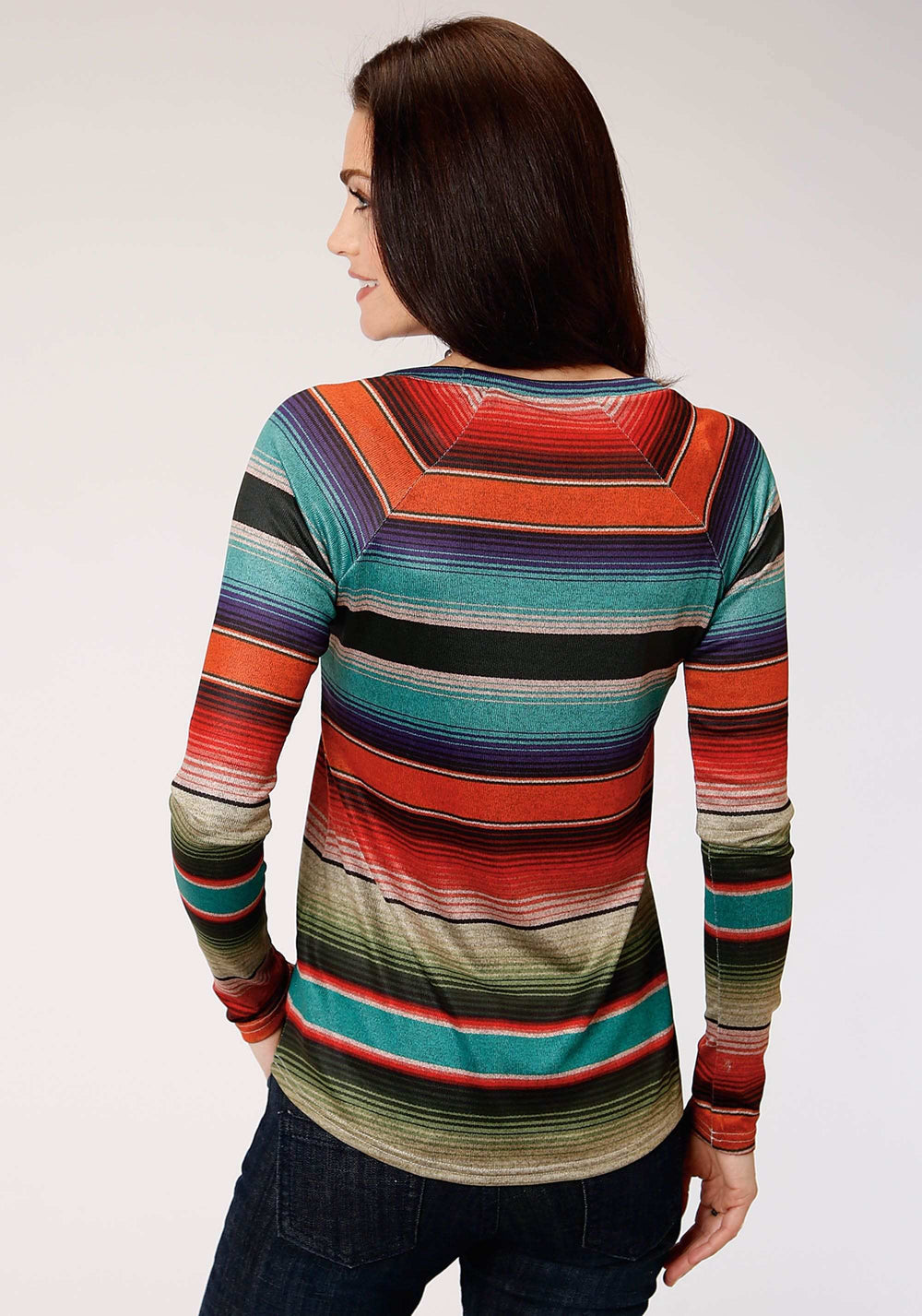 Roper Womens Turquoise Orange And Black Stripe Long Sleeve Knit Top - Roper - Flyclothing LLC