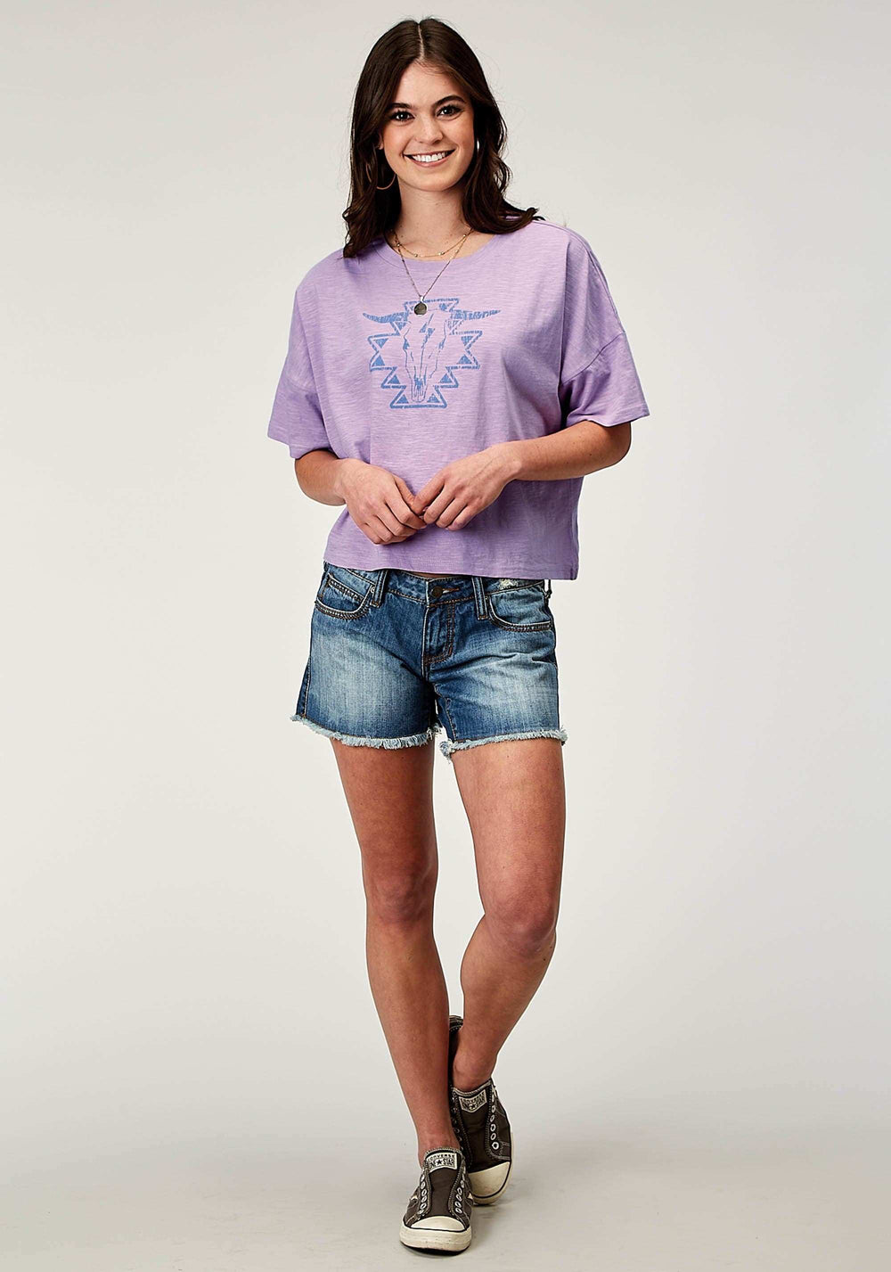 Roper Womens Short Sleeve Lilac Cotton Jersey Slub Tee With Oversized Cropped Screen Print Decoration - Roper - Flyclothing LLC