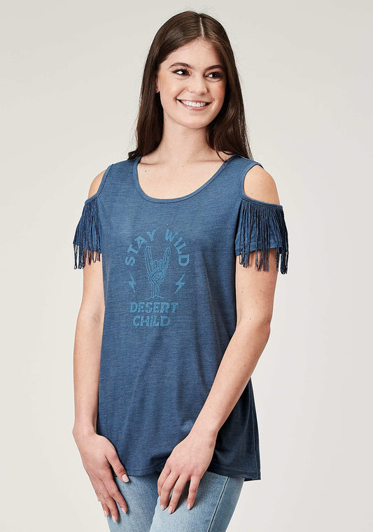 Roper Womens Short Sleeve Navy Blue Poly Rayon Tee With Cold Shoulder And Poly Fringe Screen Print - Roper - Flyclothing LLC