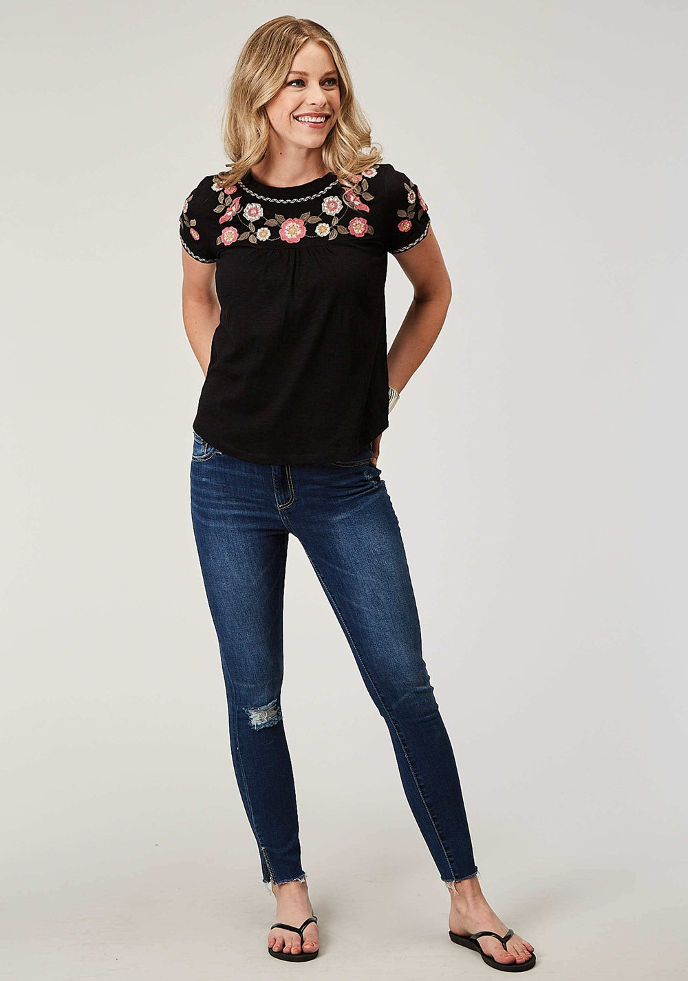 Roper Womens Short Sleeve Cotton Slub Jersey Peasant Top With Embroidery Front Yokes And Sleeves - Roper - Flyclothing LLC