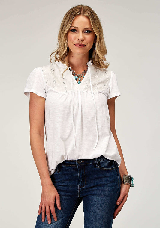 Roper Womens Short Sleeve Cotton Slub Jersey Peasant Top With Tie Closure Key Hole Schiffli Embroidery Yokes - Roper - Flyclothing LLC