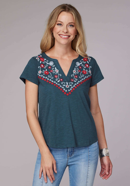 Roper Womens Short Sleeve Cotton Slub Jersey Tee With Split V Neck Top And Embroidery - Roper - Flyclothing LLC
