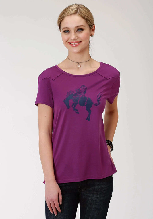 Roper Womens Purple With Bronc Rider Screen Print Short Sleeve Knit Top - Roper - Flyclothing LLC