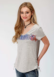 Roper Womens Grey With Screen Print Cactus Short Sleeve Knit Top - Roper - Flyclothing LLC