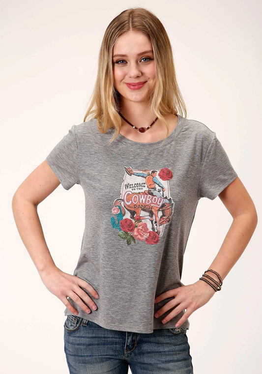 Roper Womens Gray With Bronc Rider Screen Print Short Sleeve Knit Top - Roper - Flyclothing LLC
