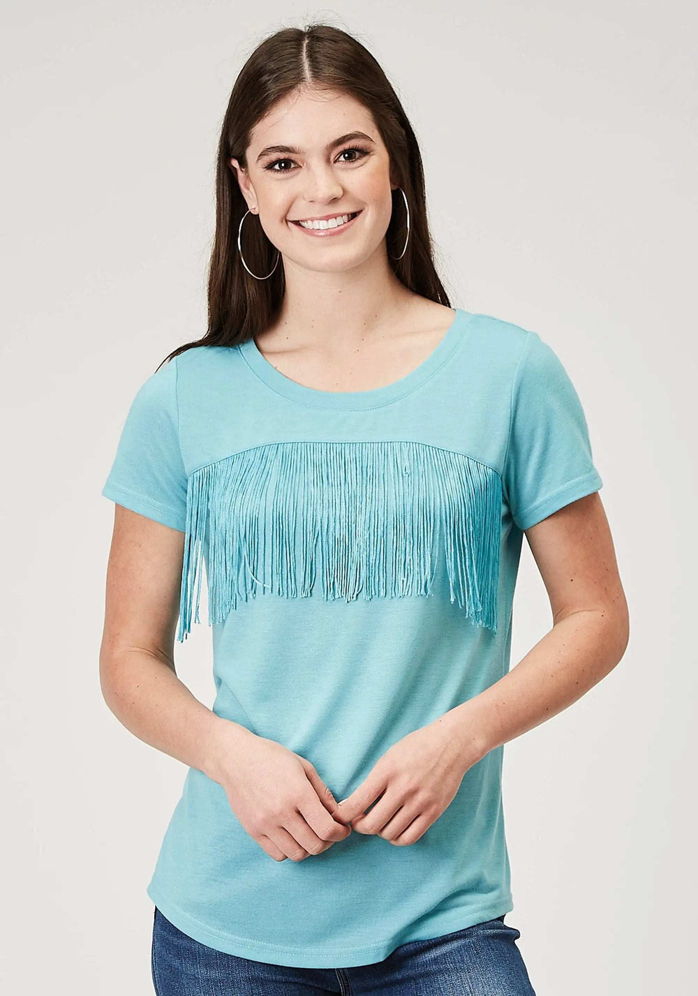 Roper Womens Short Sleeve Light Blue Poly Rayon Tee With Front Yoke And Poly Fringe - Roper - Flyclothing LLC