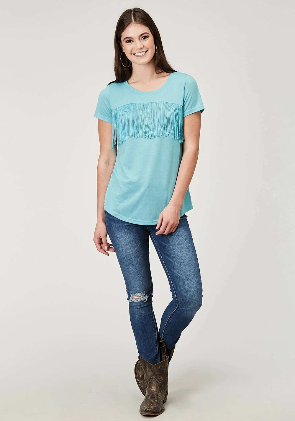 Roper Womens Short Sleeve Light Blue Poly Rayon Tee With Front Yoke And Poly Fringe - Roper - Flyclothing LLC