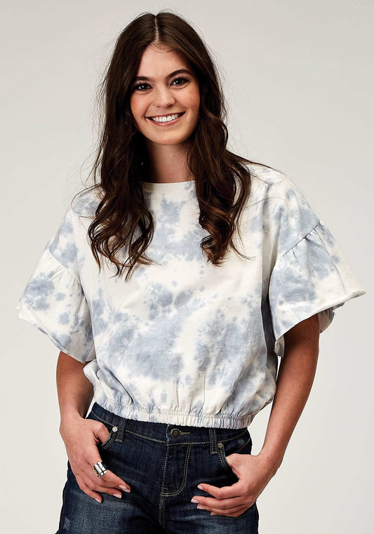 Roper Womens Short Sleeve Blue White Tie Dye French Terry Top With Crew Neck Short Flutter Sleeves Cropped - Roper - Flyclothing LLC