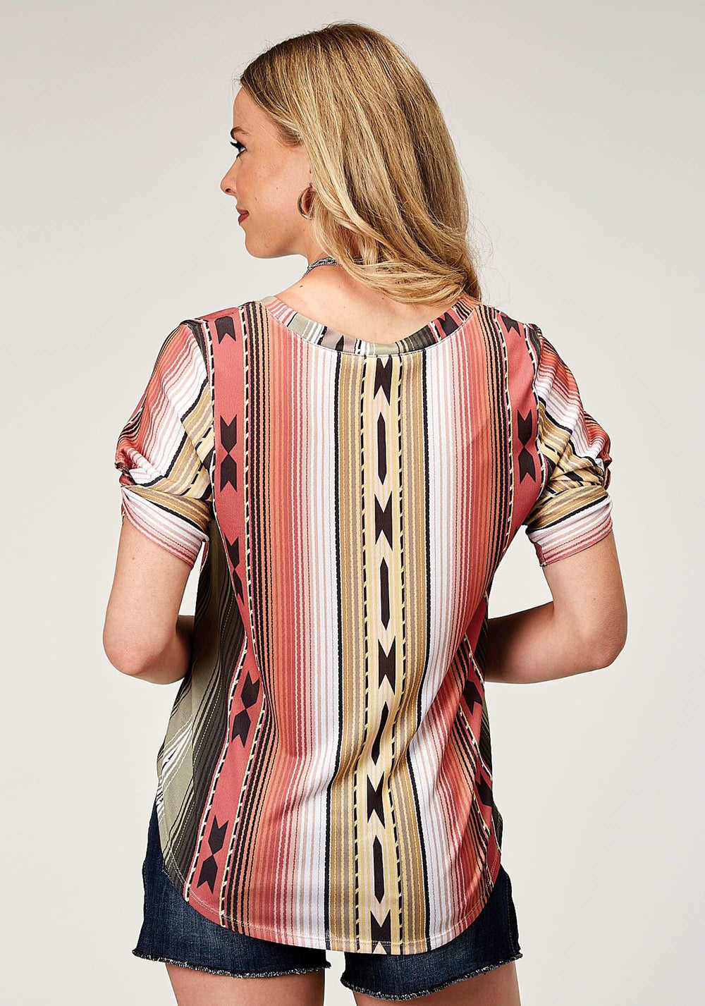 Roper Womens Short Sleeve Poly Spandex Sweater Knit Tee Top With Scoop Neck Elbow Length Sleeves Sub Print - Roper - Flyclothing LLC