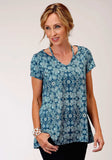Roper Womens Turquoise And White Paisley Floral Print Short Sleeve Knit Top - Roper - Flyclothing LLC