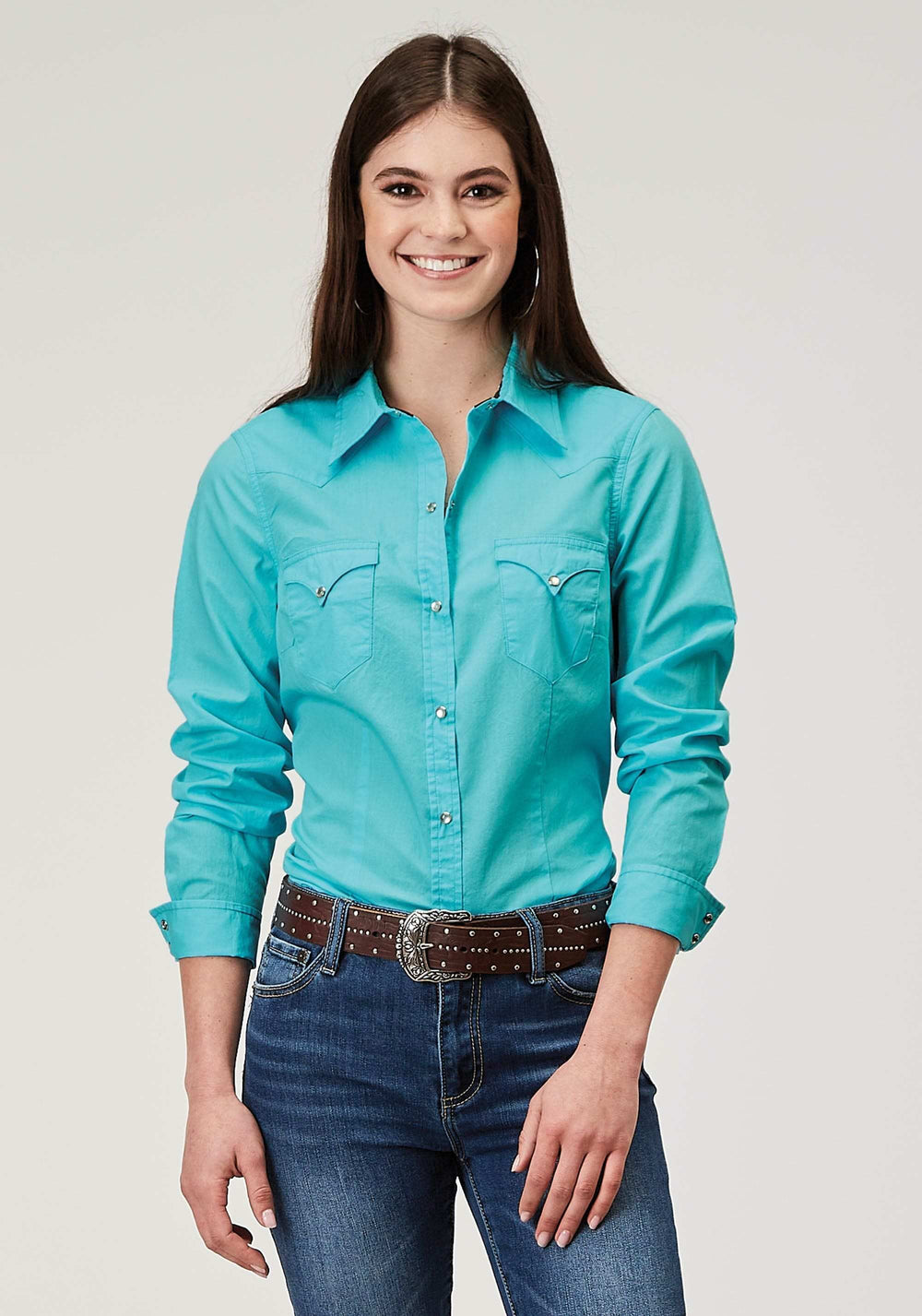 Roper Womens Long Sleeve Snap Solid Poplin Turquoise Western Shirt - Roper - Flyclothing LLC