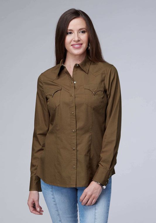 Roper Womens Long Sleeve Snap Solid Poplin Cocoa Western Shirt - Roper - Flyclothing LLC