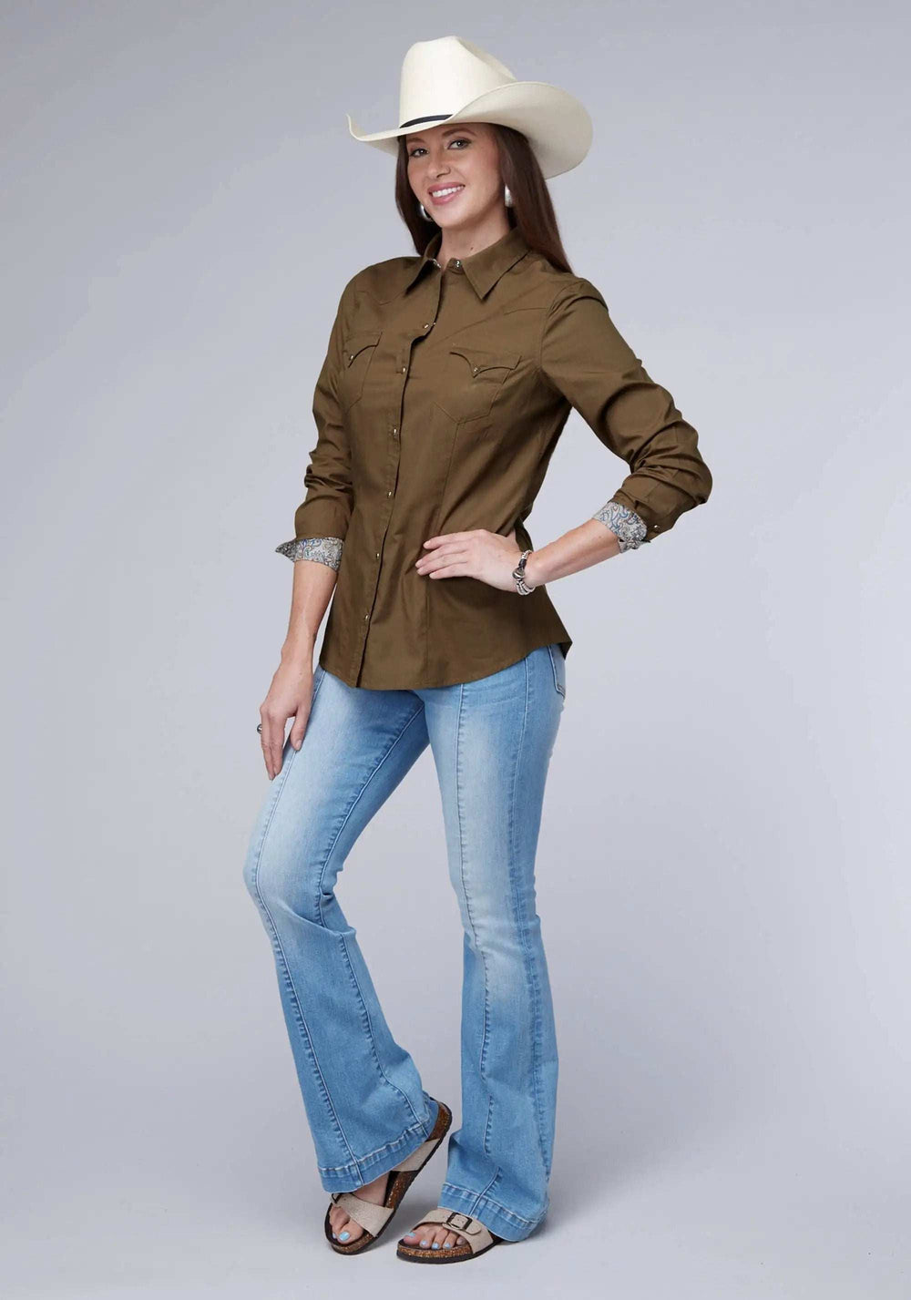Roper Womens Long Sleeve Snap Solid Poplin Cocoa Western Shirt - Roper - Flyclothing LLC