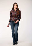 Roper Womens Long Sleeve Snap Red Aztec Horizontal Stripe Western Shirt - Roper - Flyclothing LLC