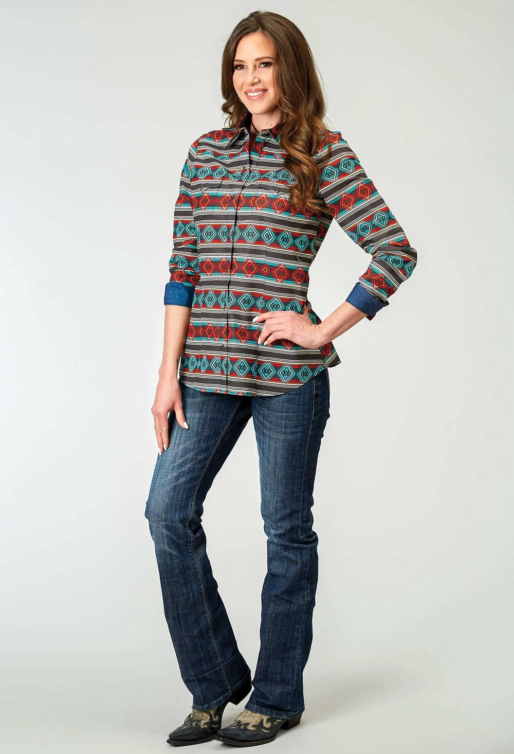 Roper Womens Long Sleeve Snap Aztec Stripe Print Western Shirt - Roper - Flyclothing LLC