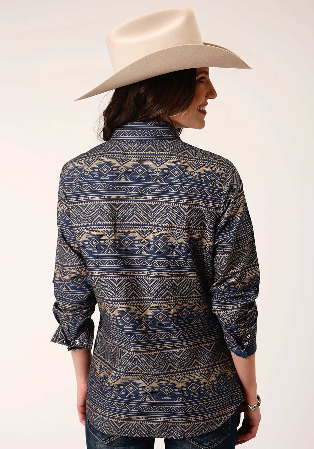 Roper Womens Long Sleeve Snap Navy Horizontal Aztec Stripe Western Shirt - Roper - Flyclothing LLC